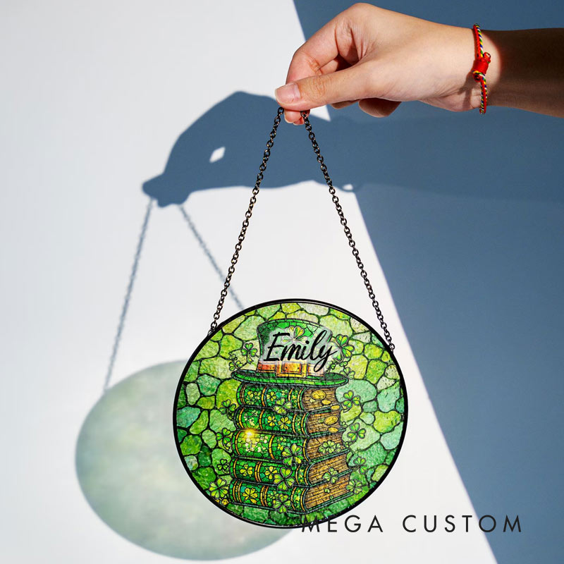 Personalized Lucky Leprechaun Hat Stained Glass Suncatcher Clover Books Decor for Reading Lovers 