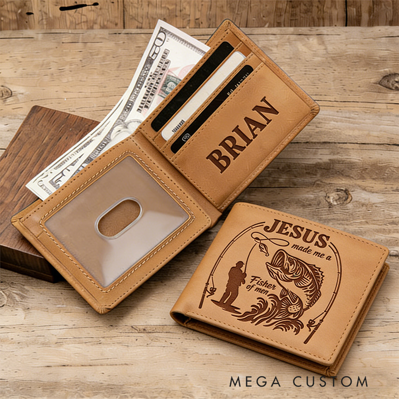 Personalized Jesus Made Me A Fisher of Men Leather Bifold Wallet with Custom Name Christian Fishing Multi Pocket Wallet Religious Gift for Men Dad