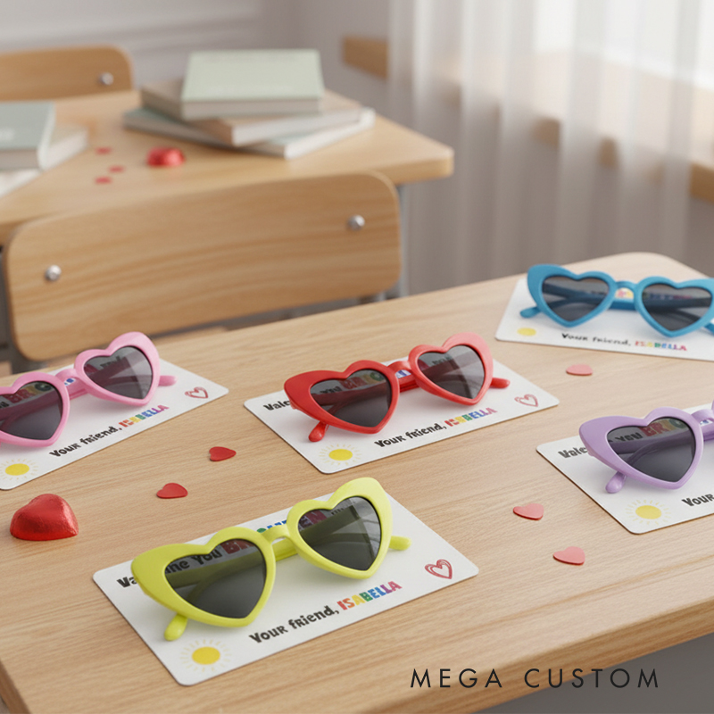 Personalized Valentine’s Heart Sunglasses Card for Kids Custom Name Gift with Fun Design Classroom Exchange School Non Candy Free