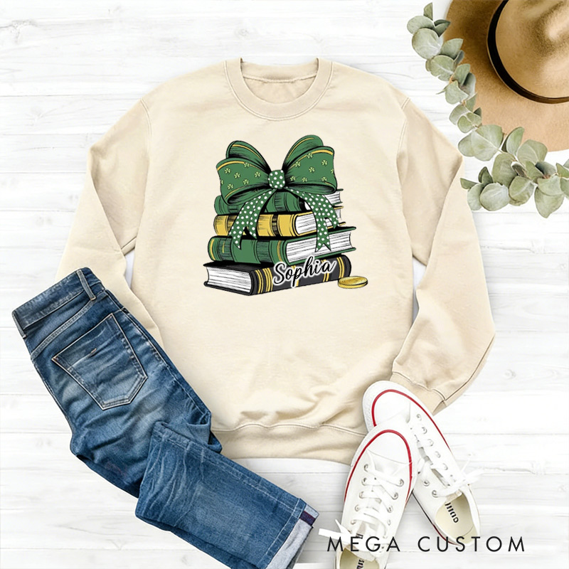 Personalized St Patrick's Books Lucky Books Sweatshirt Shamrock Bookworm Sweatshirt for Reading Lovers