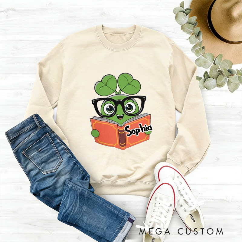 Personalized Cute Clover Book Sweatshirt St Patrick's Day Book Sweatshirt for Reading Lovers