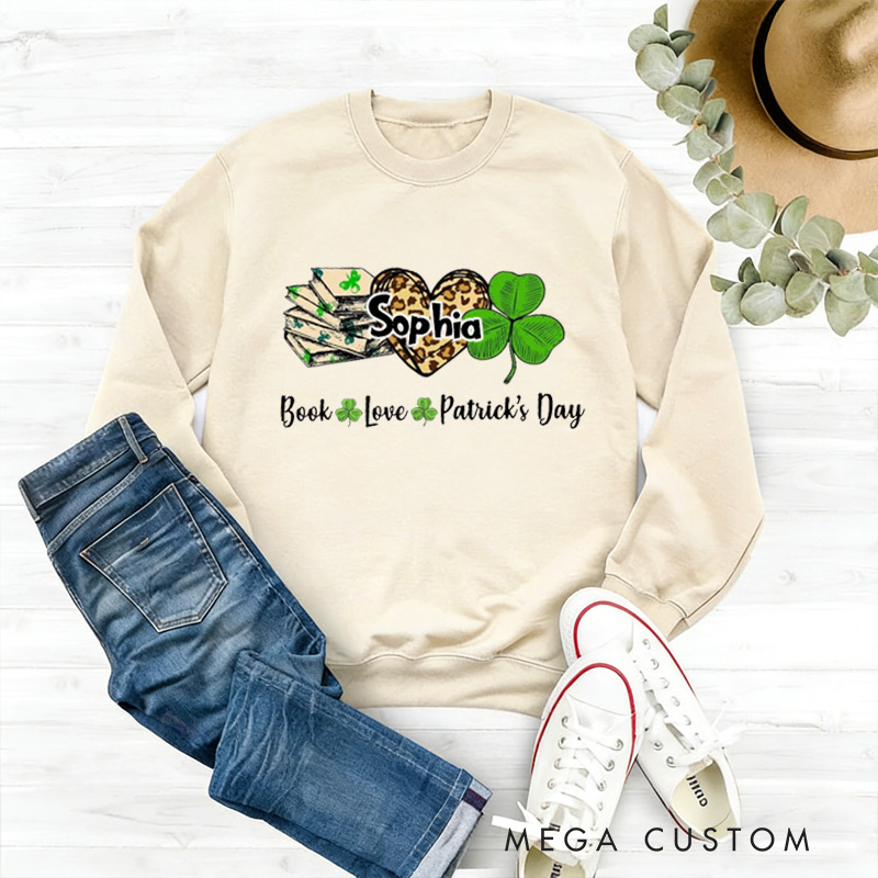 Personalized Book Lover St. Patrick's Day Sweatshirt Irish Shamrock Gift for Reading Lovers