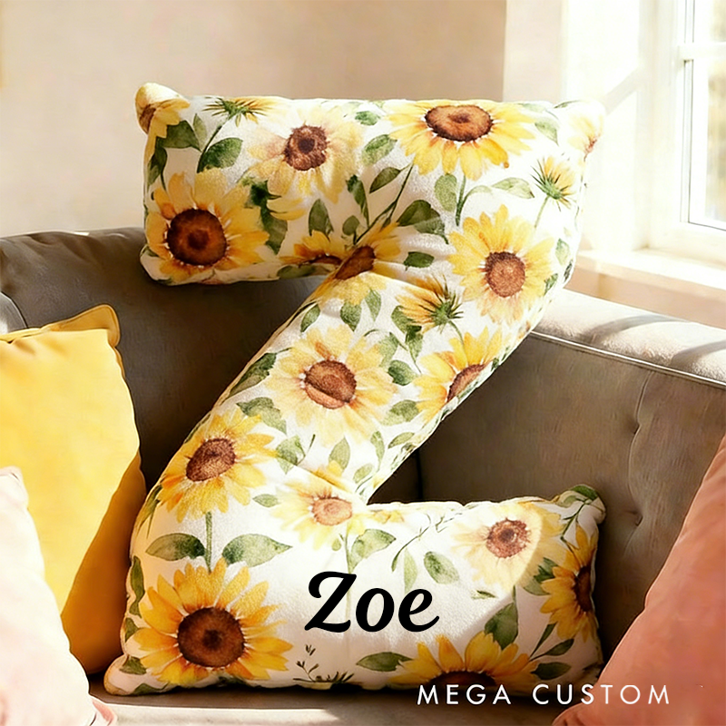 Personalized Letter Pillow Graphic 3D Print Watercolor Sunflower Floral Custom Name Pillow Gift for Kids Gardening Lovers Gift 
