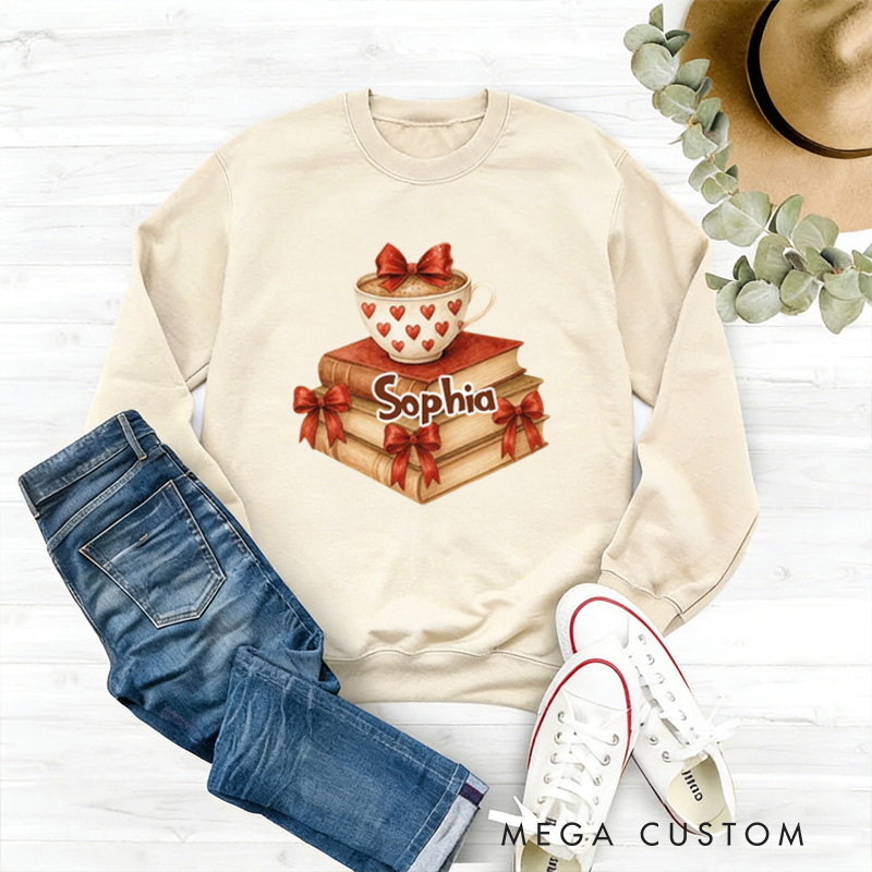 Personalized Book coffee valentine day  Sweatshirt bow book lover gift for Reading Lovers
