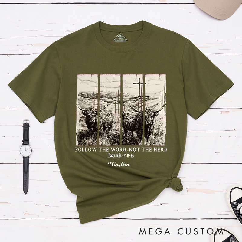 Personalized Follow the Word not the Herd Classic T-Shirt with Name Christian Bible Verse Shirt Religious Gift Faith Gift for Christians