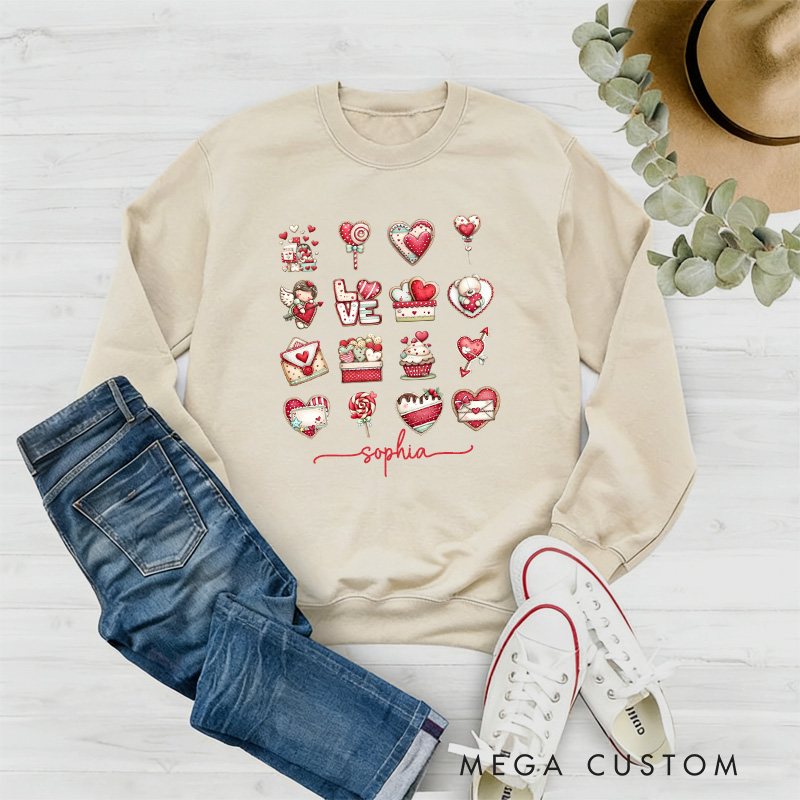 Personalized Whimsical Cookie Valentine Sweatshirt with Name Cute Cookie Style Valentine Heart Sweatshirt Valentine Baking Shirt Cozy Valentine's Day Gift for Women Baking Lover Her