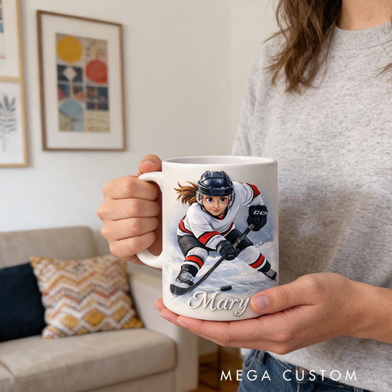 Personalized Ice Hockey Mug with Custom Player Illustration and Name for Ice Hockey Lovers