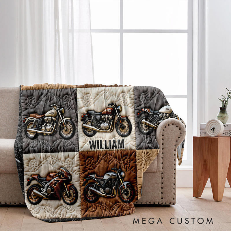 Personalized Biker Gifts Custom Name Motorcycle Blanket Quilted Throw for Men Motorbike Lover Bedding Decor