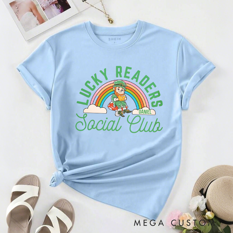 Personalized Lucky Readers Social Club Classic T-Shirts Bookish Retro St Patricks Day Leprechaun Librarian Tee with Name for Book Lover Irish Friends Gift