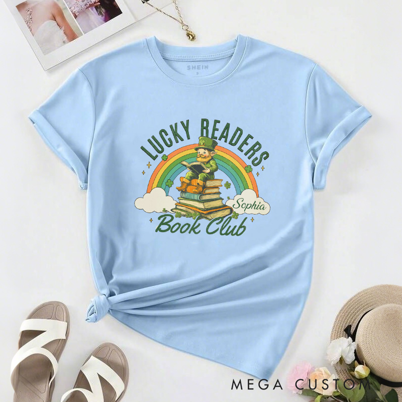 Personalized Lucky Readers Book Club Classic T-Shirts Rainbow Clover Heart Tee St Patricks Day Shirt with Name for Book Lover Librarian Irish Gift