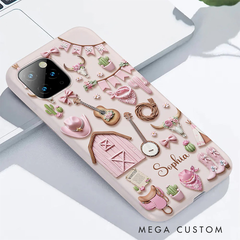 Personalized 2D Flat Pink Cowgirl Country Music Phone Case Music Lover iPhone Case Music Gift