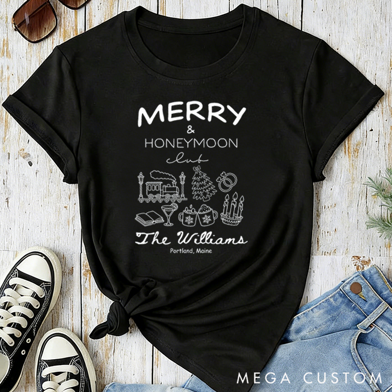Personalized Merry and Honeymoon Club Classic T-shirts Travel Honeymoon Valentine's Day Crewneck Gift