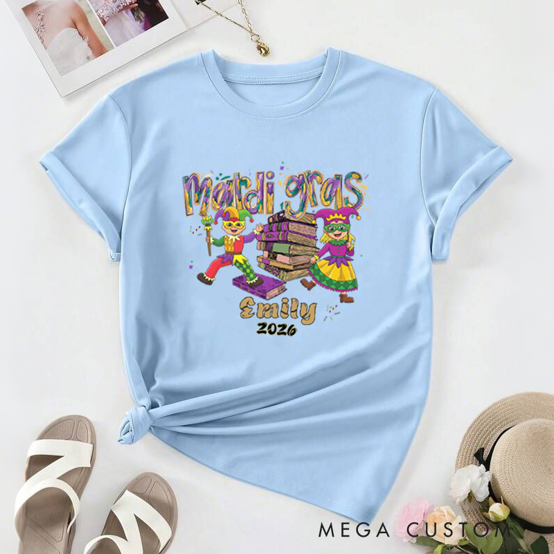 Personalized Mardi Gras Book Classic T-Shirts with Jesters and Books Carnival Bookish Shirt with Name Gift for Book Lover Bookworm Reader