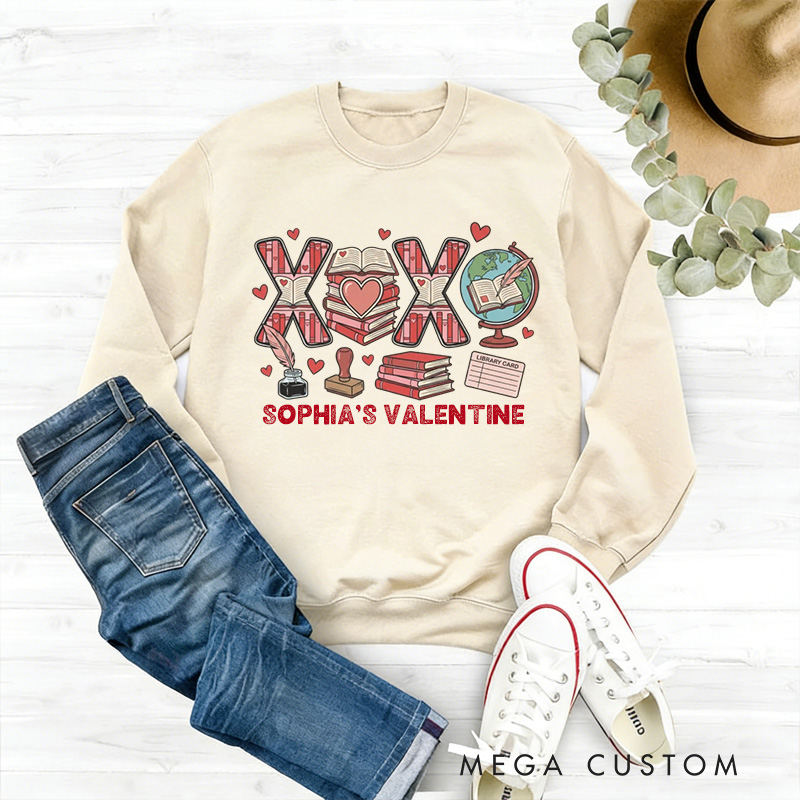 Personalized XOXO Sweatshirt Floral Book shirt with Name Valentines Day Gift for Book Lover Reader Girlfriend Wife Women