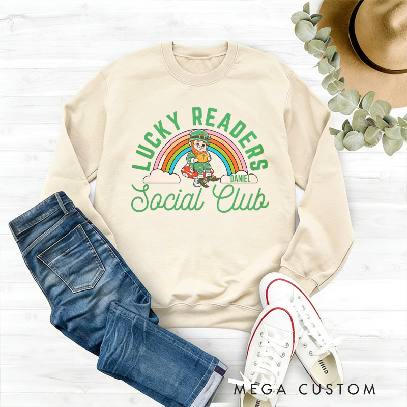 Personalized Lucky Readers Social Club Sweatshirt Rainbow Gnome Reading Sweatshirt with Name St. Patrick Day Gift for Librarian Book Lover Irish Friends