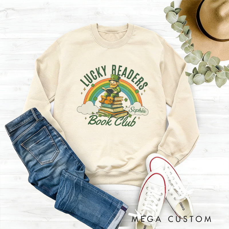 Personalized Lucky Readers Book Club Sweatshirt Rainbow Gnome Reading Sweatshirt with Name St. Patrick Day Gift for Librarian Book Lover Irish Friends
