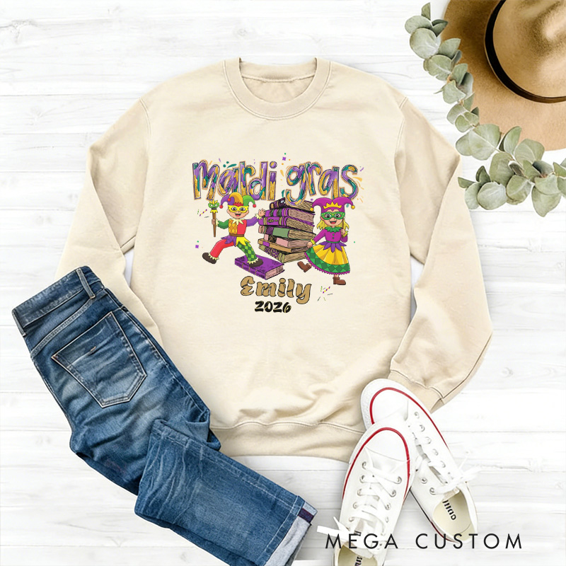 Personalized Mardi Gras Sweatshirt Jesters and Books Carnival Reading Sweatshirt with Name Gift for Book Lover Bookworm Reader