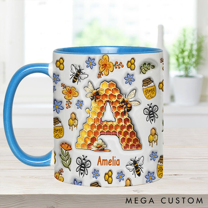 Personalized Stunning Bee Letter Mug Adorned with 3D Tool Embellishments Custom Name Engraved Mug for Avid Garden Lovers