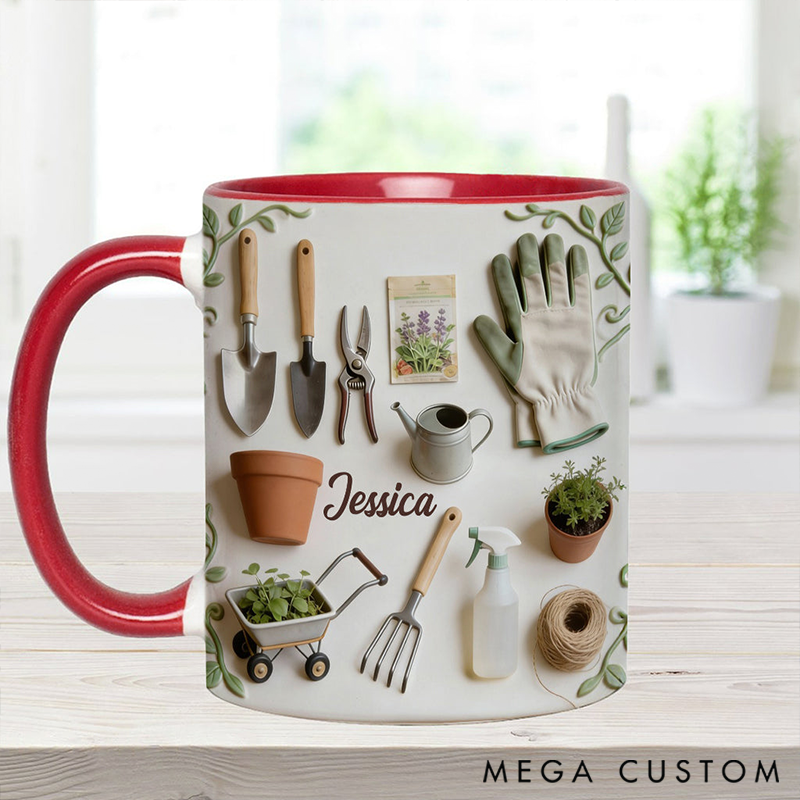 Personalized Love Gardening Mug Adorned with 3D Tool Embellishments Custom Name Engraved Mug for Avid Garden Lovers