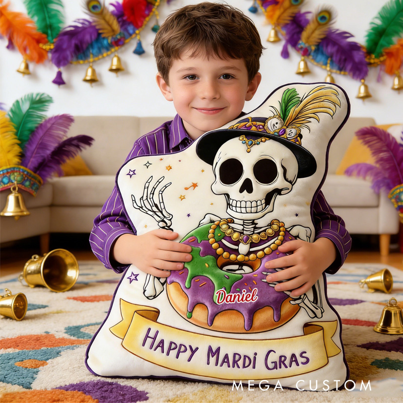 Personalized Mardi Gras King Cake Throw Pillow Graphic 3D Print Skeleton Cake Pillow with Name Mardi Gras Gift for Girl Boy Kids Pillow Baking Lover Gifts