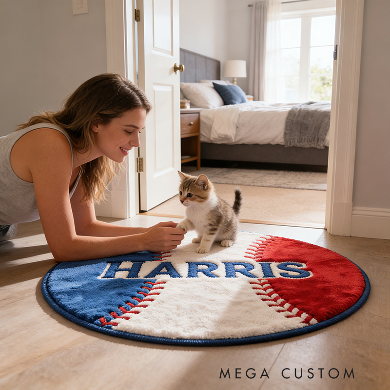 Personalized Baseball Rug with Custom Name and Bold Stitch Design for Baseball Enthusiasts 