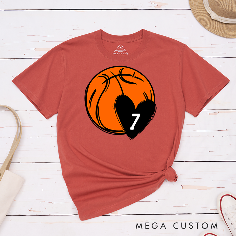 Personalized Basketball T-Shirt with Heart and Custom Jersey Number Design Perfect for Basketball Fans and Players