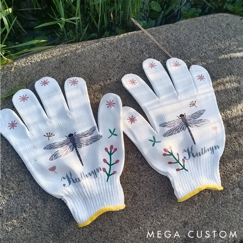 Personalized Name Gardening Gloves Adorned with Delicate Dragonfly & Floral Embroidery: Charming, Practical Gear for Outdoor Enthusiasts