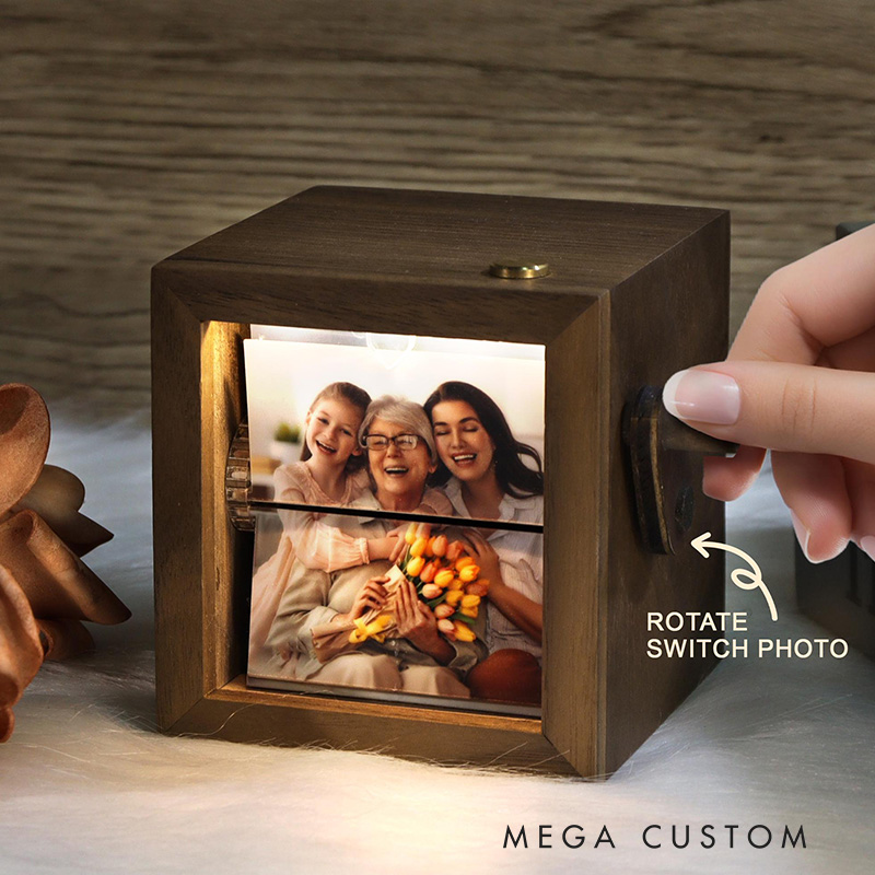 Personalized Lighted Photo Flipbook Box Hand-Cranked Wooden Memory Album Custom Photo Flipbook Frame Gift for Family