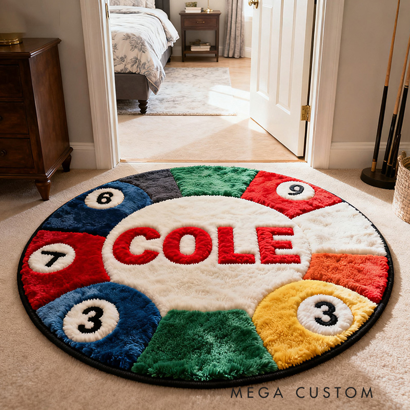 Personalized Pool Ball Rug with Custom Name and Vibrant Colors for Billiard Fans