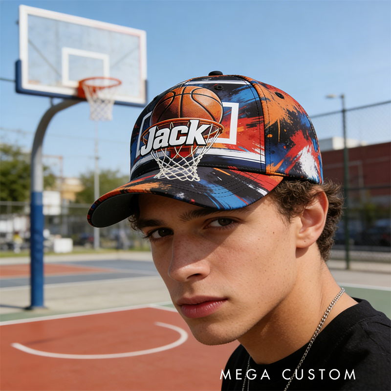 Personalized Basketball Hat with Custom Name and Dynamic Hoop Design for Basketball Enthusiasts