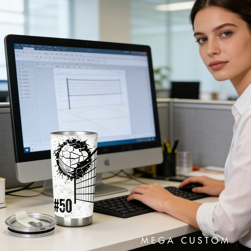 Personalized Volleyball Tumbler Featuring Cracked Volleyball Artwork with Custom Name and Number for Volleyball Fans