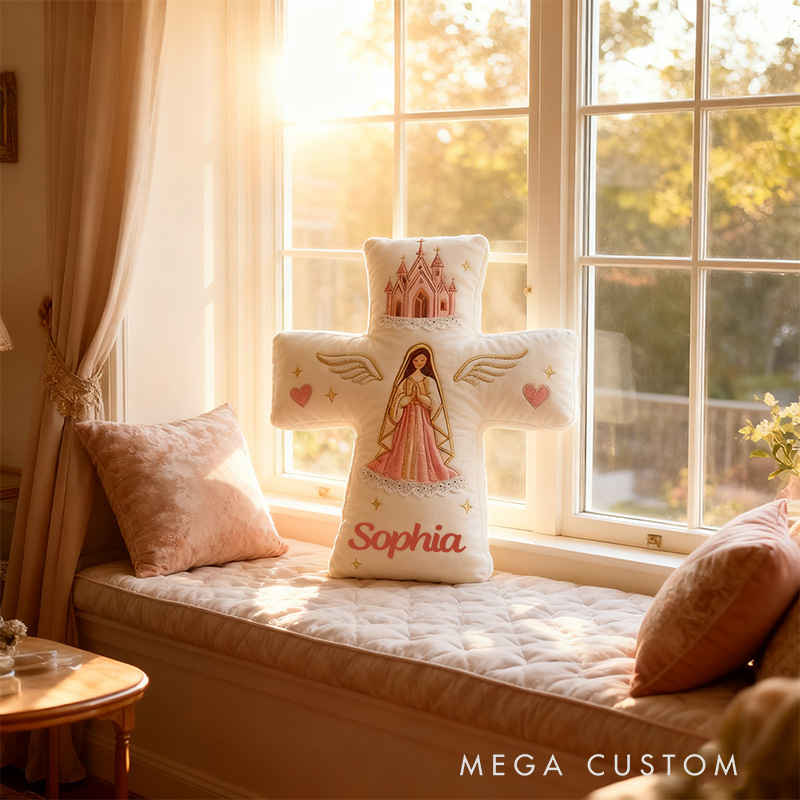 Personalized Virgin Mary Cross Pillow with Custom Name Kid Room Decor Church Cross Angel Wing Religious Faith Gift for Her Graphic 3D Print Pillow