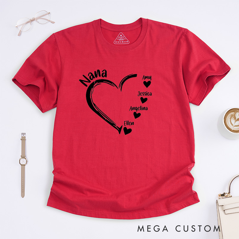 Personalized Nana T-Shirt Custom Heart Design Gift for Grandmother Mother's Day Birthday Comfortable Cotton Shirt for Women Unique Grandma