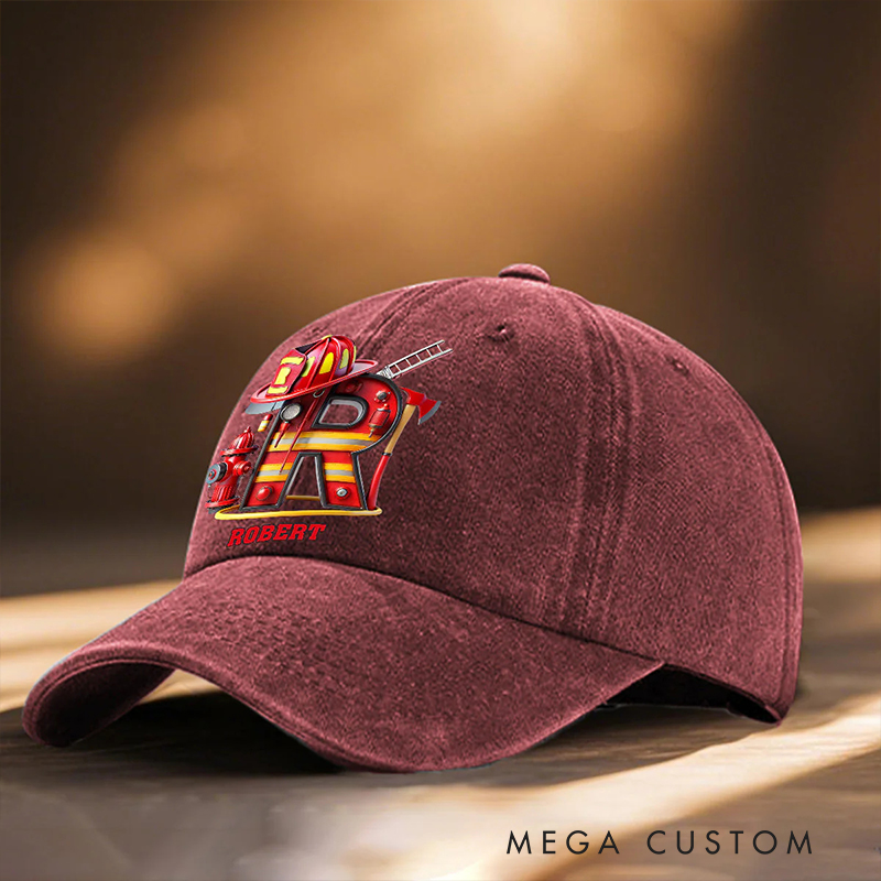 Personalized Firefighter Gifts Custom Name and Initial Alphabet Cap Firefighter Washed Denim Hat Fireman Letter Baseball Cap