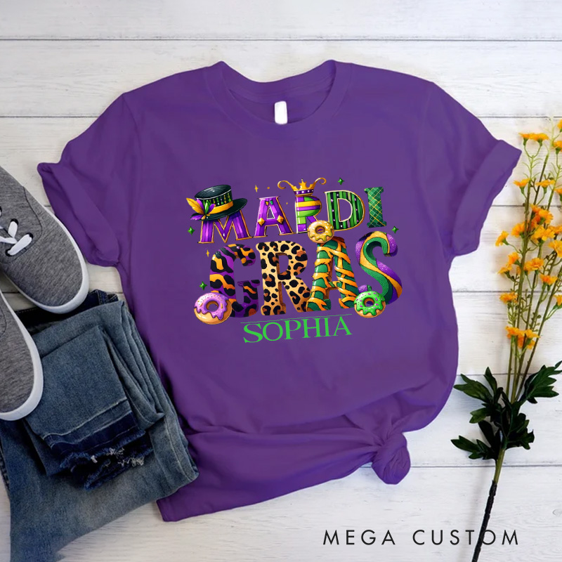 Personalized Mardi Gras Donut Classic T-shirts King Cake Shirt with Name Louisiana Tee Carnival Coquette Tee Gift for Women Her Baking Lover
