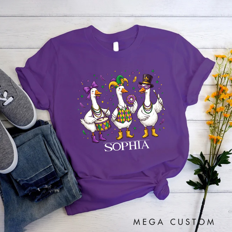 Personalized Mardi Gras Goose Sublimation Classic T-shirts King Cake Donut Shirt with Name Louisiana Tee Carnival Coquette Tee for Baker Baking Lover