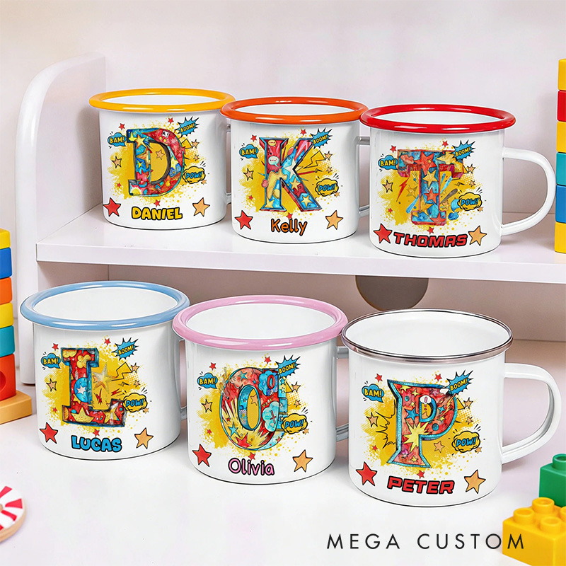 Personalized Comic Initial 12oz Enamel Mug with Initial and Name Back to School Birthday Easter Gift for Kids