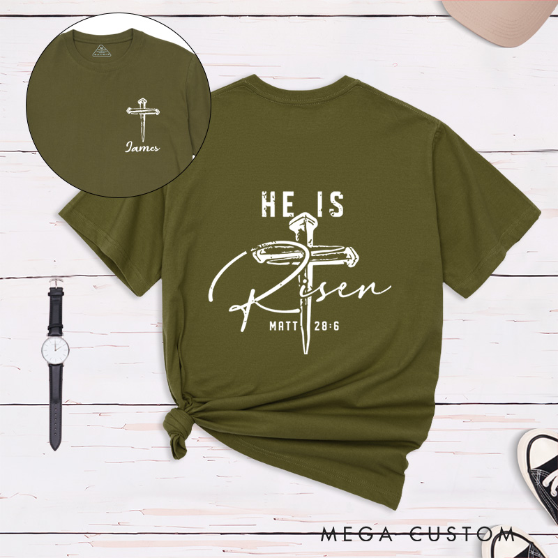 Personalized he is Risen Classic T-Shirt with Custom Name Matthew 28:6 Bible Verse Shirt Religious Gift Easter Gift for Christians