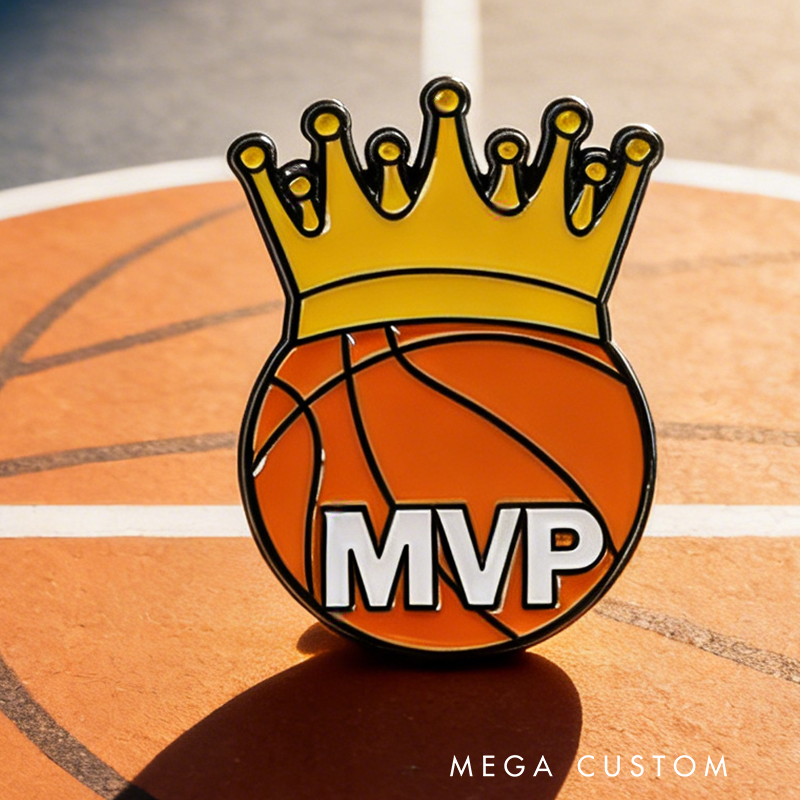 Personalized Basketball Themed Pins Featuring Basketball Hoops and Crowns