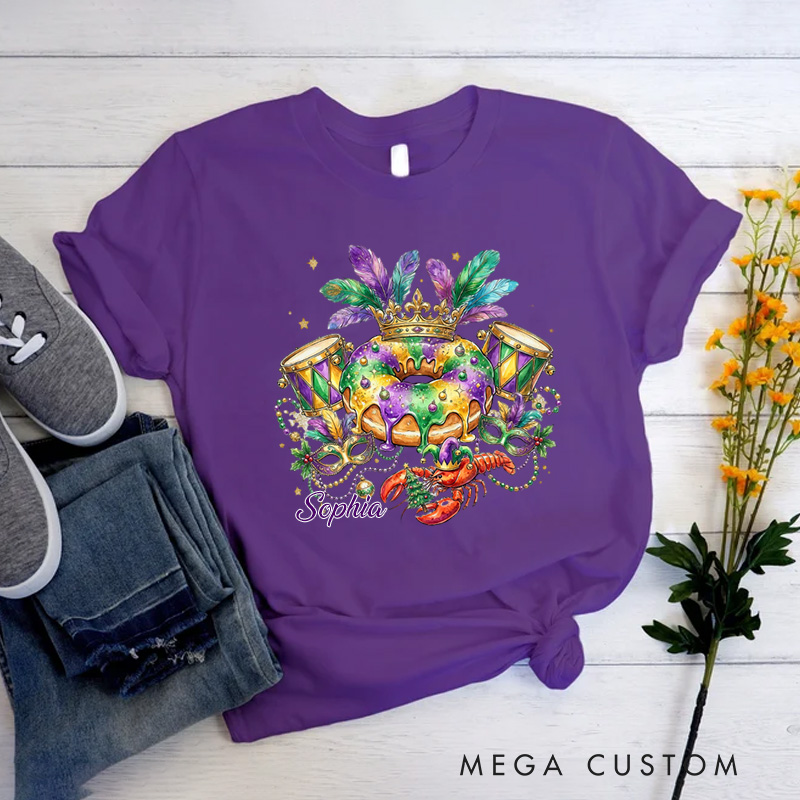 Personalized Mardi Gras King Cake Classic T-shirts Louisiana Carnival Graphic Tee with Name Fat Tuesday Festival Top for Donut Lover Baker Baking Lover