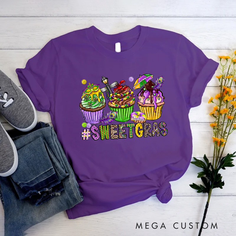 Personalized Sweet Mardi Gras Classic T-shirts Mardi Gras Cupcake Tee with Name Sweet Gras Shirt for Donut Lover Baker Baking Lover