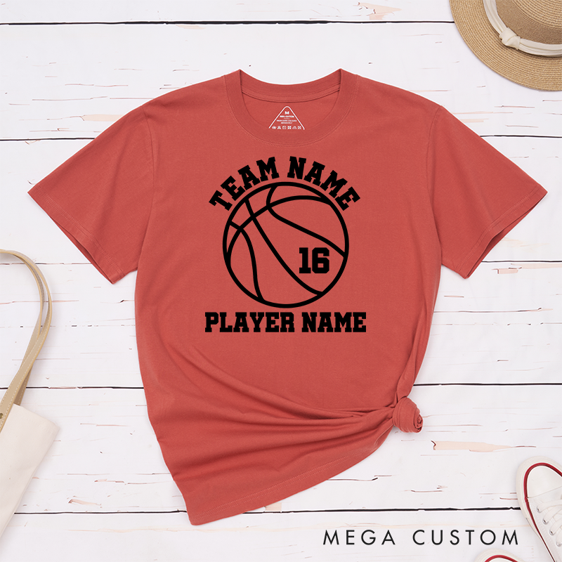 Personalized Basketball Team T-Shirt with Custom Team Name Player Name Jersey Number and Bold Graphic Design