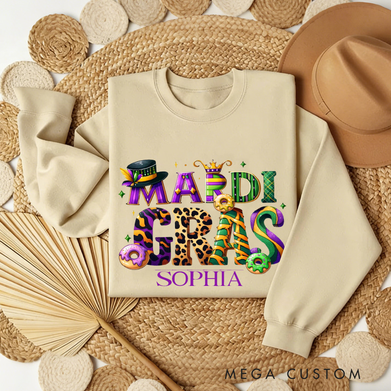 Personalized Mardi Gras Donut Sweatshirt with Name Retro King Cake Sweatshirt Carnival Coquette Shirt Gift for Baking Lover Him Her