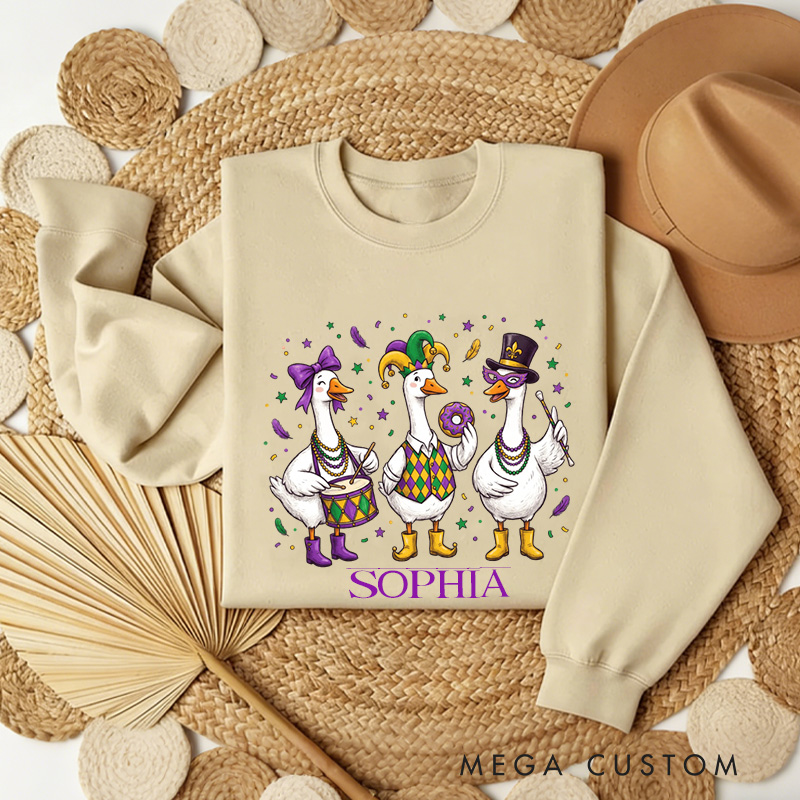 Personalized Mardi Gras Goose Sublimation Sweatshirt with Name Donut Goose Sweatshirt Carnival Coquette Shirt Gift for Baking Lover Him Her