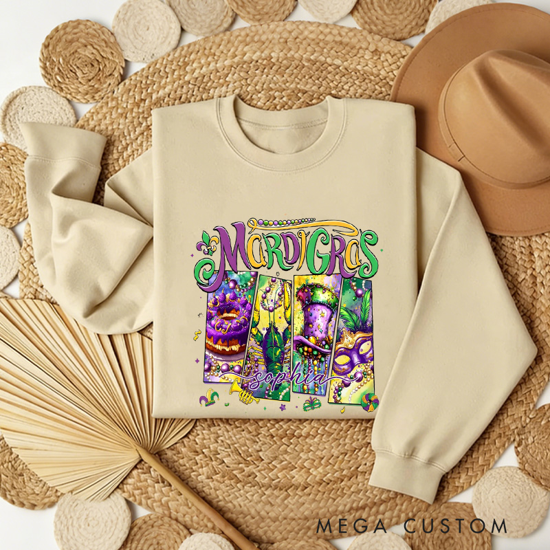 Personalized Mardi Gras Donut Sublimation Sweatshirt with Name King Cake Sweatshirt Carnival Coquette Shirt Gift for Baking Lover Him Her