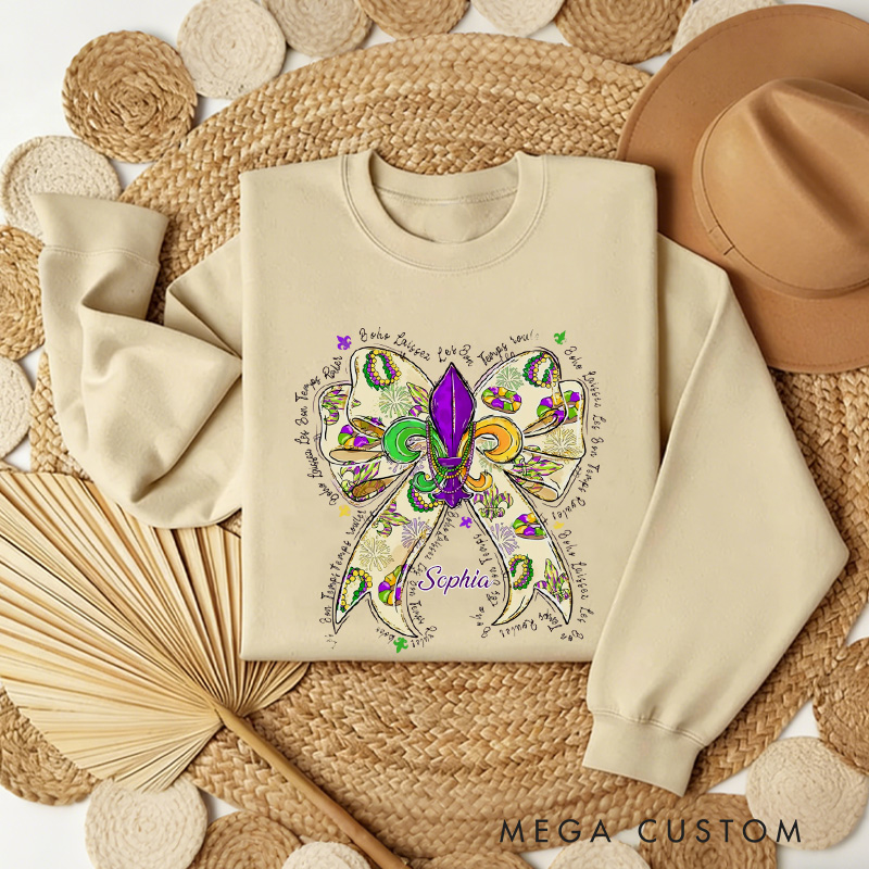 Personalized Mardi Gras Donut Bow Sweatshirt with Name Louisiana King Cake Sweatshirt Fat Tuesday Shirt Gift for Baking Lover Him Her Cake Lover