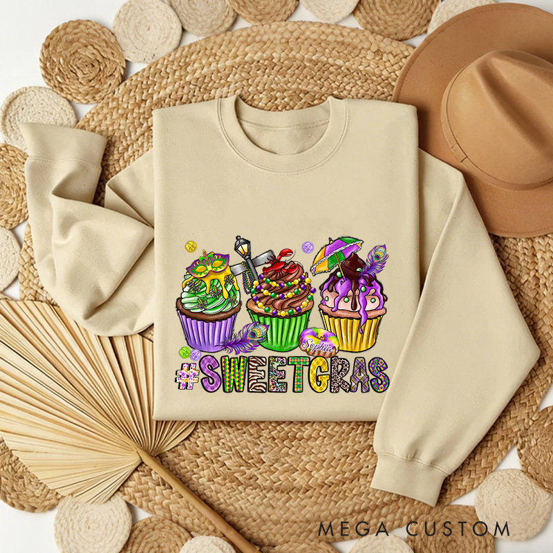 Personalized Sweet Mardi Gras Sweatshirt with Name Mardi Gras Cupcake Sweatshirt Fat Tuesday Shirt Gift for Baking Lover Him Her Cake Lover