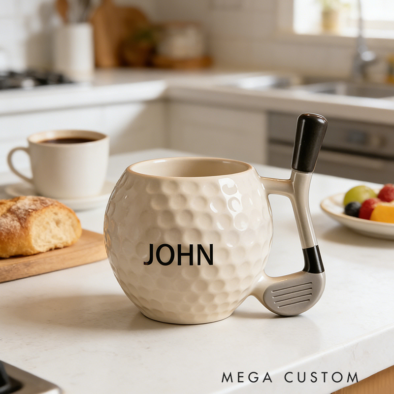 Personalized Golf Ball Coffee Mug with Club Handle and Custom Name for Golf Enthusiasts