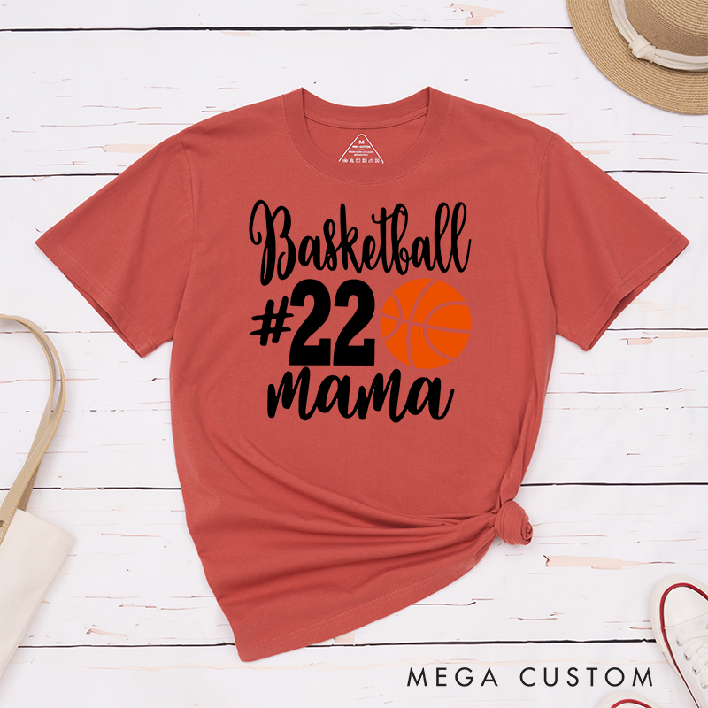 Personalized Basketball Mama T-Shirt with Custom Jersey Number Bold Basketball Graphic and Stylish Script Design for Proud Moms