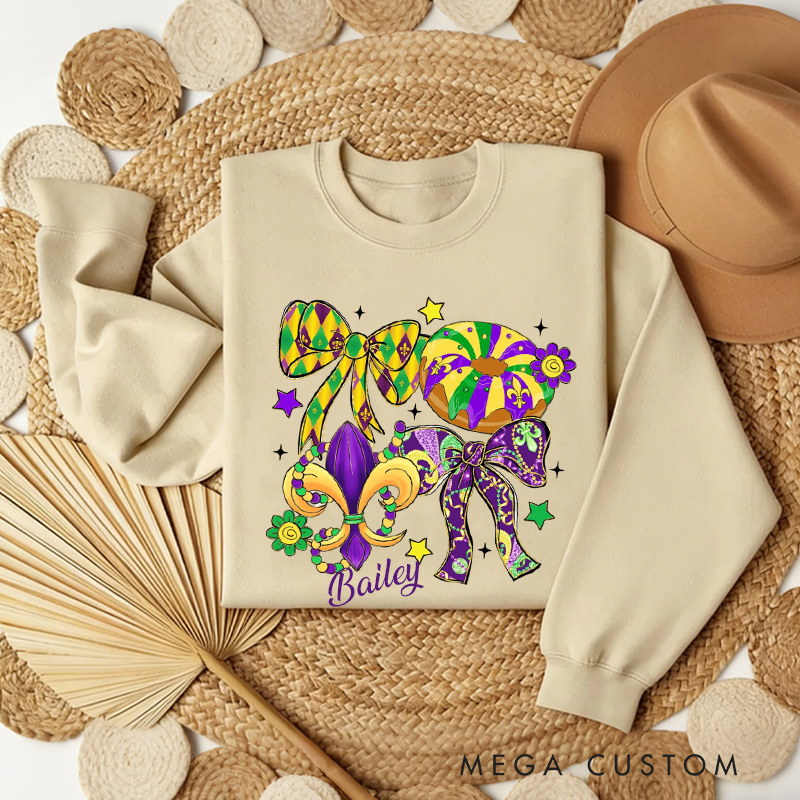 Personalized Mardi Gras Coquette Sweatshirt with Name Preppy Bow King Cake Coquette Sweatshirt Fat Tuesday Shirt Gift for Baking Lover Her Cake Lover